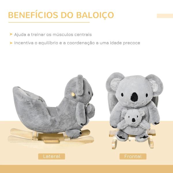 Baloiço Infantil com Forma de Coala com Fantoche para Bebés 18 - 36 Meses com Som Cinto de Segurança e Apoio para os Pés 60x33x50cm Cinza