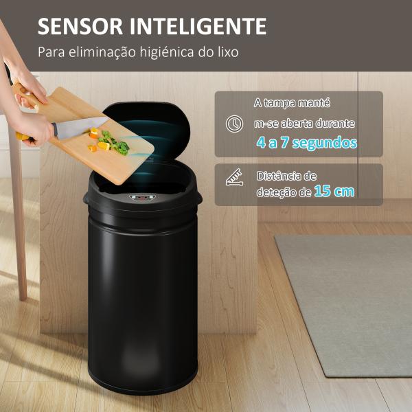 Balde de Lixo de Cozinha Automático 30 L em Aço Inoxidável Sensor Infravermelhos Fecho Automático 32x30,5x51 cm Preto