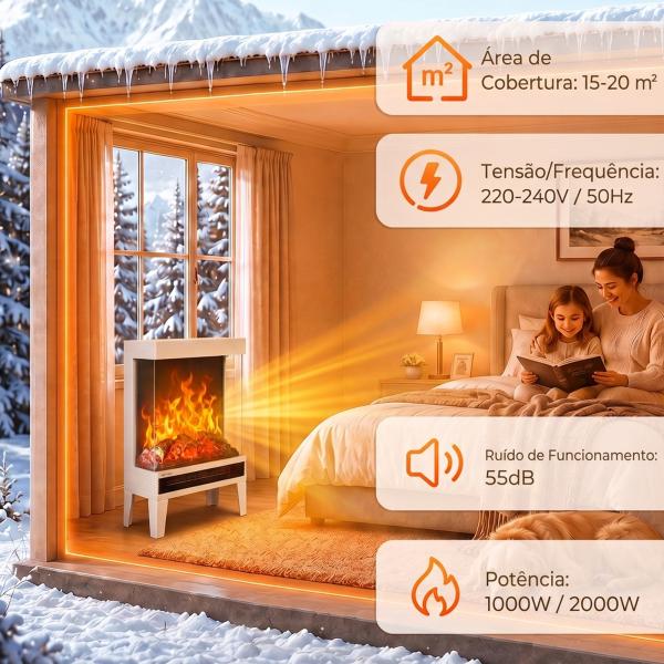 Lareira Elétrica 1000/2000 W com Chama LED Ajustável, até 15 - 20 m², 40,5 x 20 x 62 cm, Branca