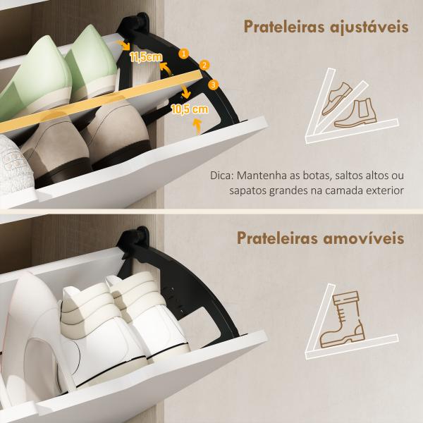 Sapateira de Madeira com 3 Compartimentos Abatíveis com Capacidade para 12 Pares 62,5x26x117,5 cm Branco e Madeira