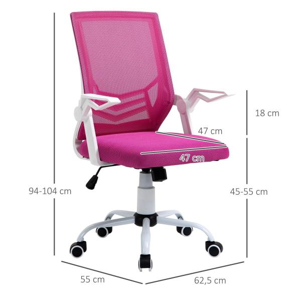 Cadeira de Escritório Ergonômica Giratória com Altura Ajustável Apoio para os Braços Dobrável Suporte Lombar e Encosto Transpirável 62,5x55x94 - 104cm Rosa