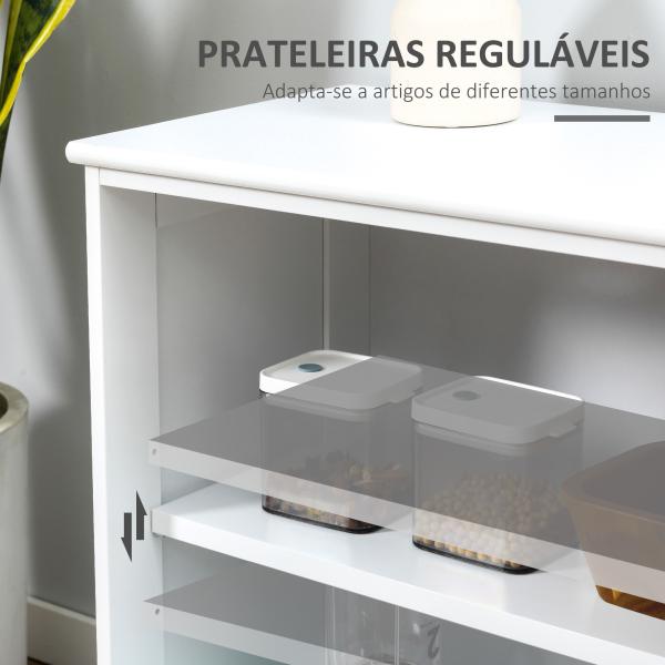 Aparador de Cozinha Moderno Móvel Auxiliar com 2 Portas de Correr de Vidro e Prateleira Ajustável 107x33x62,5 cm Branco