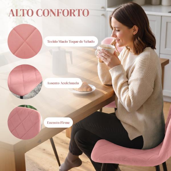 Conjunto de 4 Cadeiras de Jantar em Veludo com Pernas de Aço para Sala 45x54x87 cm Rosa