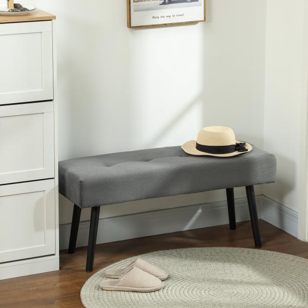 Banco de Pé de Cama Estofado em Bombazina com Assento Acolchoado, Design Capitoné e Pés de Aço para Quarto, Cinzento
