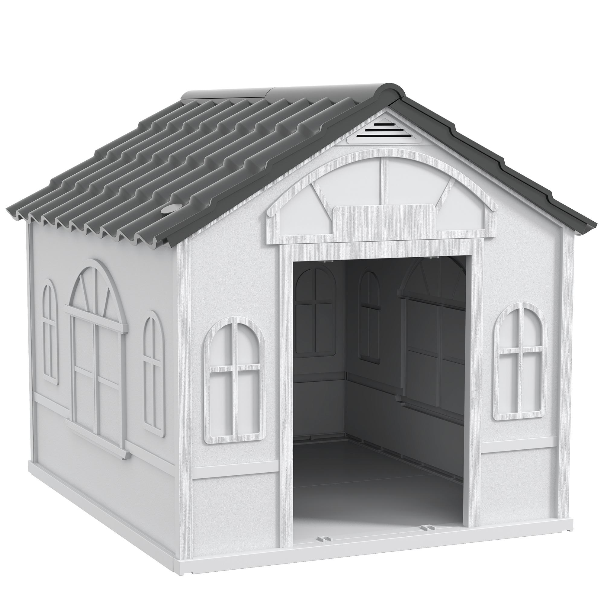 Casa para Cães 84,2x98,2x82 cm Casa para Cães com Janelas e Teto com Imitação de Telhas Casota para Cães Cinza