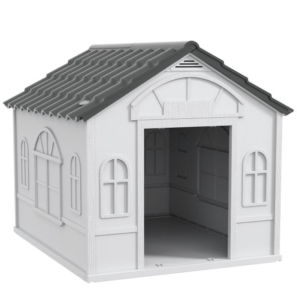 Casa para Cães 84,2x98,2x82 cm Casa para Cães com Janelas e Teto com Imitação de Telhas Casota para Cães Cinza