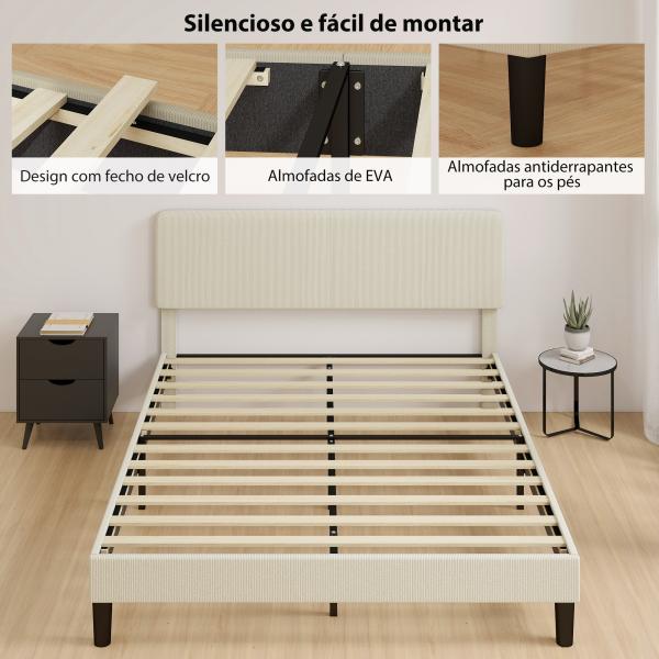 Cama 160x200 cm com Cabeceira Ajustável Estofada em Bombazina Ripas de Madeira Montagem Fácil Cinza Claro