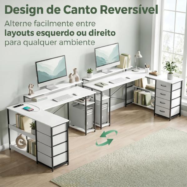Mesa de Canto para Computador Amplo Espaço de Arrumação com 4 Gavetas 155x112x91,5 cm Branco