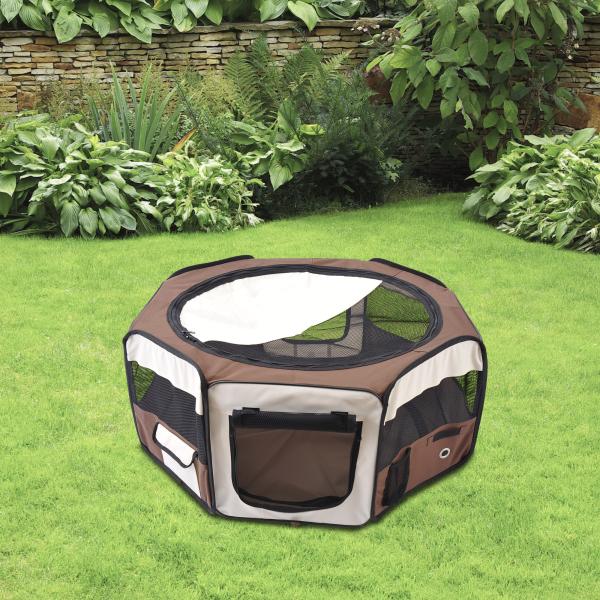 Parque Dobrável para Cães e Gatos, Cercado Portátil para Animais Pequenos em Tecido Oxford Impermeável, Ø90x41 cm, Castanho