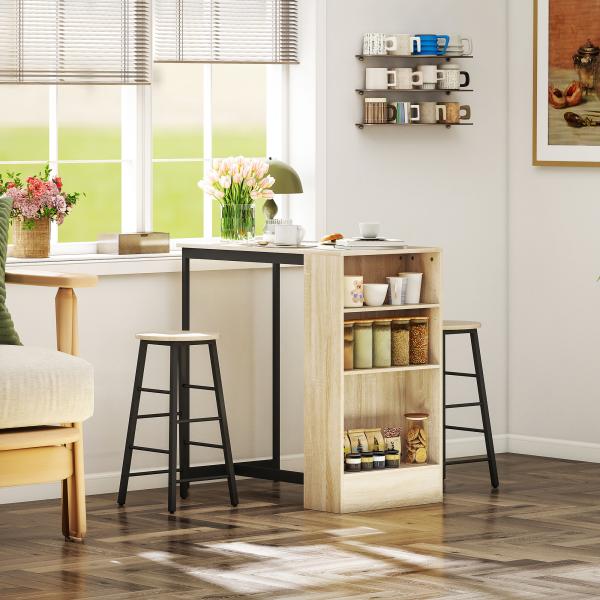 Conjunto Mesa Alta com 2 Bancos Apoios para os Pés 3 Compartimentos Prateleira Ajustável para Cozinha Carvalho