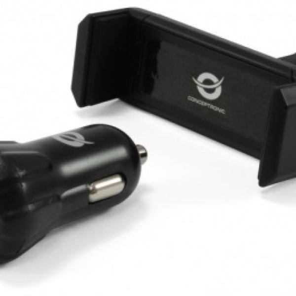 Pack Carregador Universal Isqueiro 12/24V 2x USB 2A + Suporte p/ Smartphone - CONCEPTRONIC