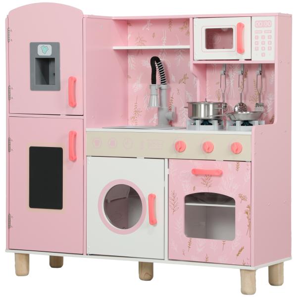 Cozinha de Madeira para Crianças com Sons Fogão Forno Micro - Ondas Máquina de Gelo e Acessórios 90x33,3x91,6 cm Rosa