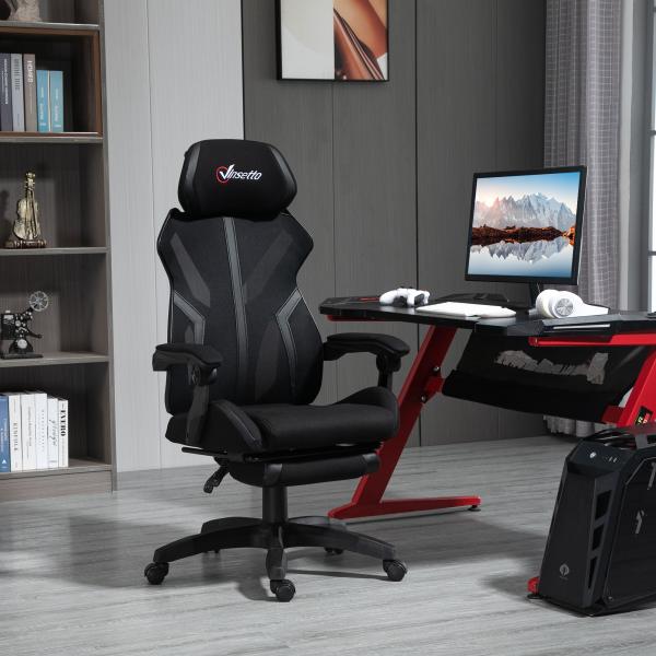 Cadeira de Gaming com Apoio para os Pés Retrátil Cadeira de Escritório Reclinável com Apoio para a Cabeça e Altura Ajustável 65x65x119 - 129cm Preto