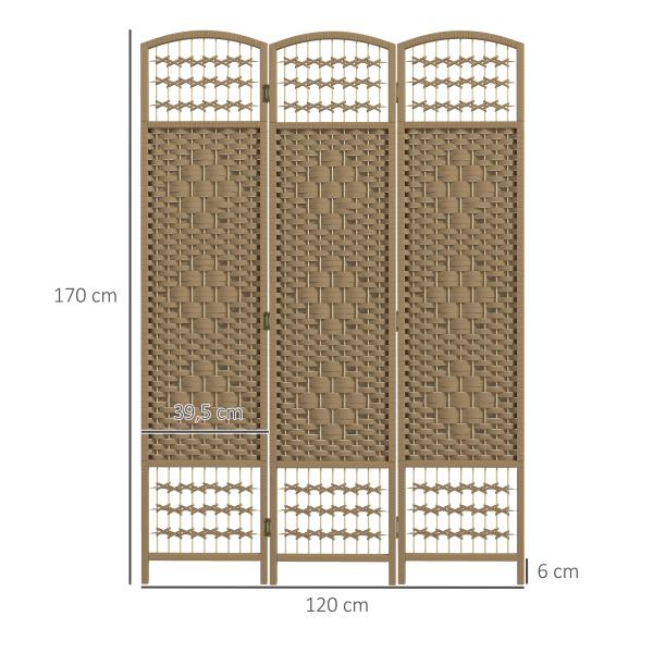 Biombo Separador de Ambientes com 3 Painéis Dobrável em Corda de Papel 120x170 cm Decoração para Quarto Madeira