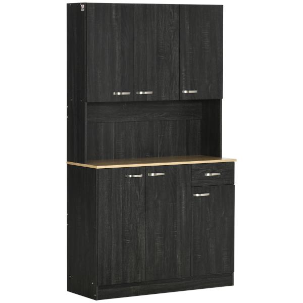 Armário de Cozinha Aparador de Sala de Jantar com 1 Gaveta 6 Portas e Prateleiras Ajustáveis Estilo Moderno 101x39x180 cm Preto e Madeira