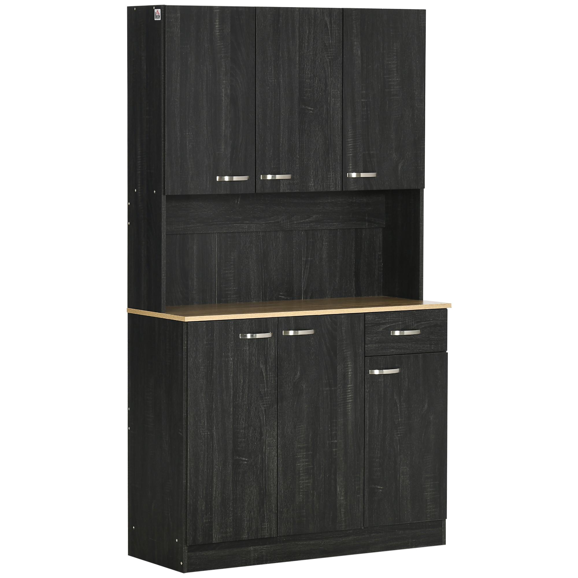 Armário de Cozinha Aparador de Sala de Jantar com 1 Gaveta 6 Portas e Prateleiras Ajustáveis Estilo Moderno 101x39x180 cm Preto e Madeira