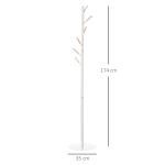 Cabide de Pé de Madeira com 6 Ganchos para Roupa Bolsas e Estrutura de Metal 35x35x174cm Branco e Madeira