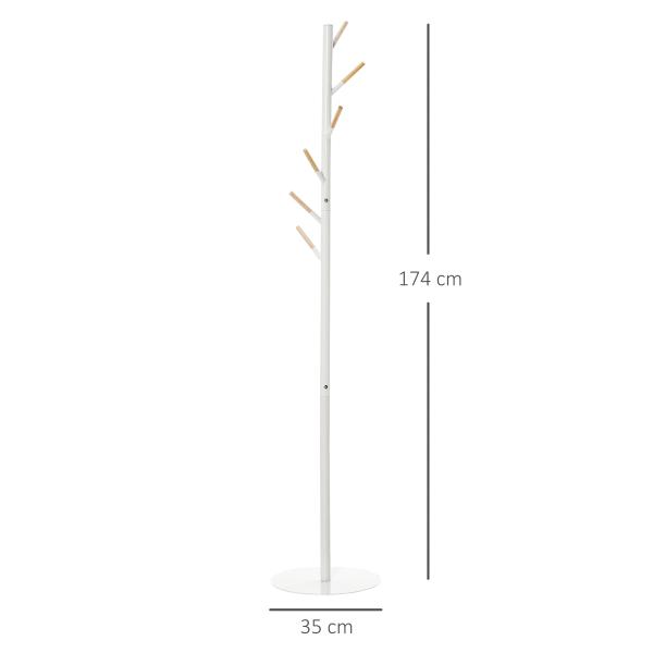 Cabide de Pé de Madeira com 6 Ganchos para Roupa Bolsas e Estrutura de Metal 35x35x174cm Branco e Madeira