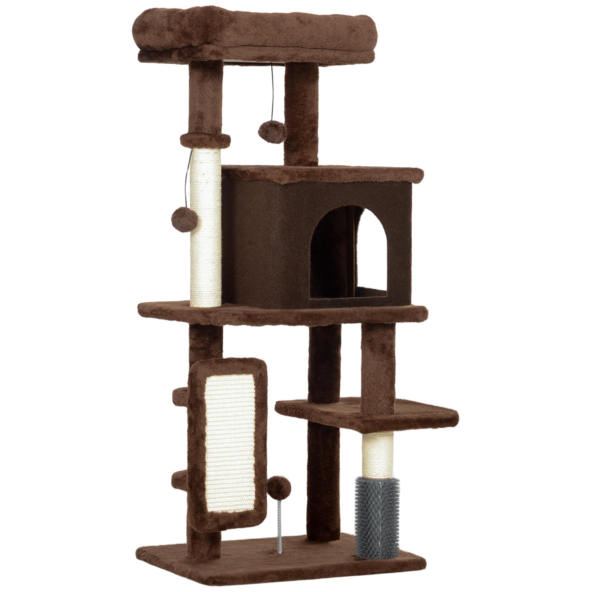 Arranhador para Gatos Grande Altura 104 cm com Plataformas Postes com Escova Bolas Suspensas e Almofadas para Arranhar Marrom
