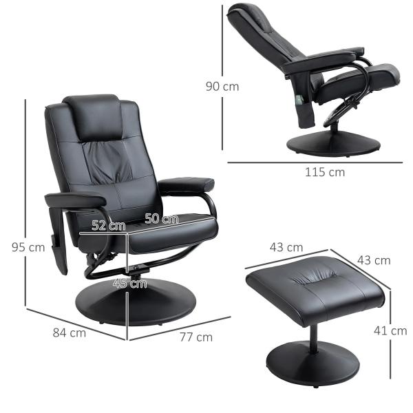 Poltrona de Massagem Elétrica com Banco para Apoiar os Pés Poltrona Relax Giratório Reclinável em até 145° com Controle Remoto e 10 Zonas de Massagem Estofado em PU 77x84x95cm Preto