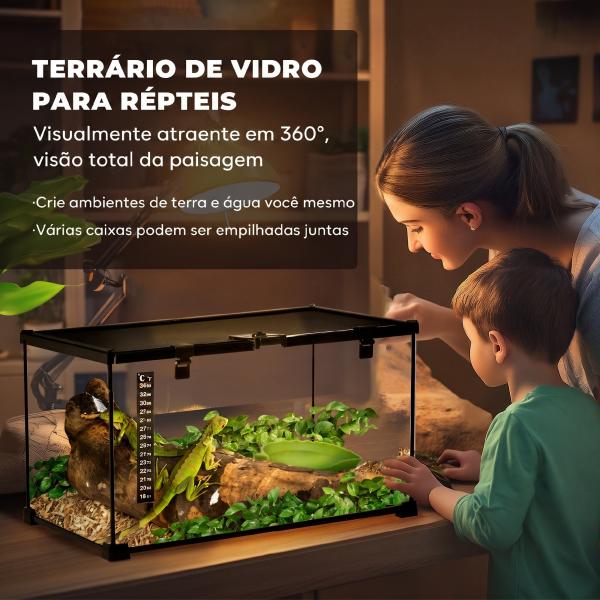 Terrário para Répteis em Vidro com Termómetro e Taça de Água para Lagartos, Cobras e Aranhas 50x30x25 cm Preto
