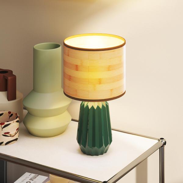 Candeeiro de Mesa com Base de Cerâmica e Ecrã de Linho Estilo Retro com Interruptor E27 40W Verde e Madeira