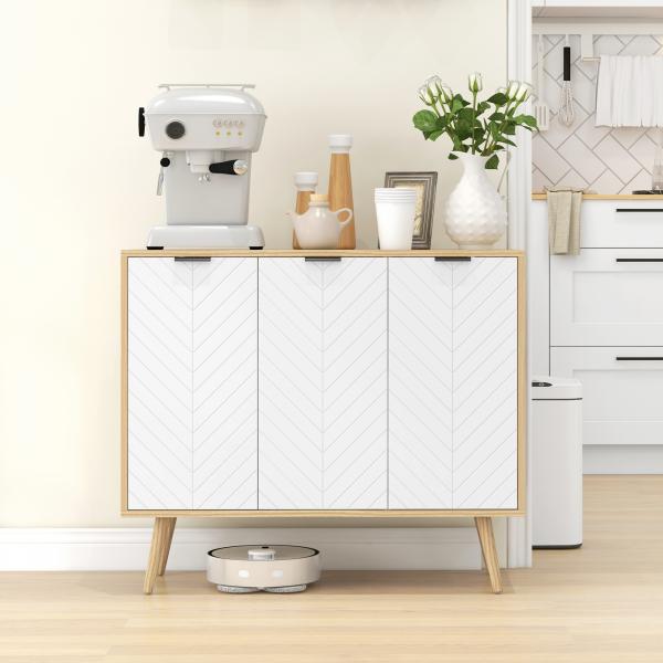 Aparador de Cozinha Moderno com Prateleiras Ajustáveis 2 Armários e Anti - Tombo 91,5x35x77,4 cm Branco e Madeira