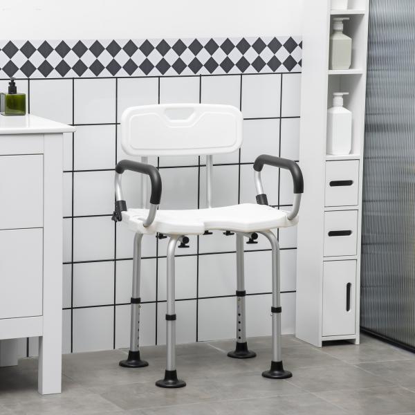 Cadeira para Duche Antiderrapante com Altura Ajustável de 6 Níveis e Apoio para os Braços Regulável 54x52x70 - 82cm Branco