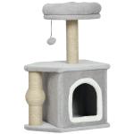 Arranhador para Gatos com Cama Caverna Plataforma Bola Suspensa e Poste de Juta 42x30x66 cm Cinza e Bege