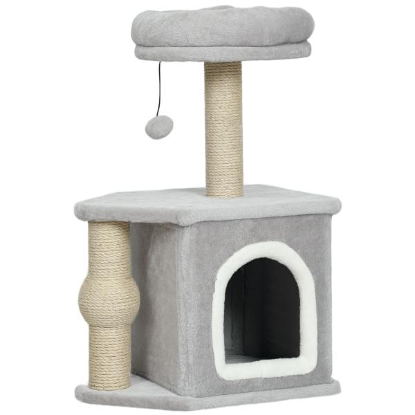 Arranhador para Gatos com Cama Caverna Plataforma Bola Suspensa e Poste de Juta 42x30x66 cm Cinza e Bege