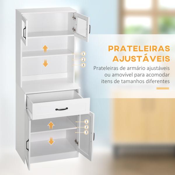 Armário de Cozinha com 4 Portas Gaveta e Prateleiras Ajustáveis para Sala de Jantar Estilo Moderno 60x38x161 cm Branco