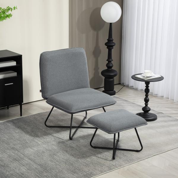 Poltrona Sala de Estar com Apoio para os Pés Poltrona Relax com Pés de Aço em Forma de Cruz Cinza Escuro