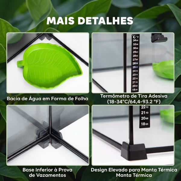 Terrário para Répteis em Vidro com Termómetro e Taça de Água para Lagartos, Cobras e Aranhas 50x30x25 cm Preto