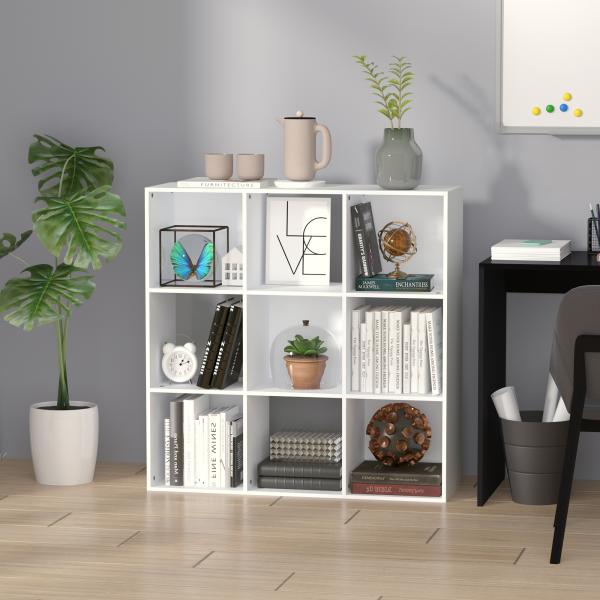 Estante para Livros de 3 Níveis Estante de Madeira com 9 Compartimentos Estante Modular 91,5x29,5x91,5 cm Branco