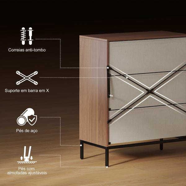 Cómoda com 3 Gavetas de Tecido Frentes com Padrão de Diamante Móvel de Arrumação 59,5x30x73,5 cm Madeira e Branco