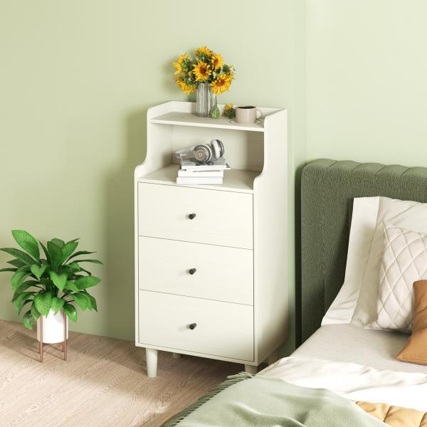 Cómoda com 3 Gavetas Cómoda de Quarto Estreita com Prateleiras Abertas Anti - Tombo Gaveteiro Alto 47x29x95 cm Branco Acinzentado