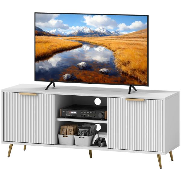 Móvel de TV Moderno Móvel de TV para Sala de Estar com 2 Compartimentos Abertos para Televisores de 55 Polegadas 120x35x48 cm Branco