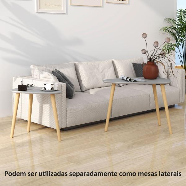Conjunto de 2 Mesas Auxiliares com Pés de Madeira Mesas de Café 59,5x39,5x45cm e 44,5x28,5x40 cm Cinza