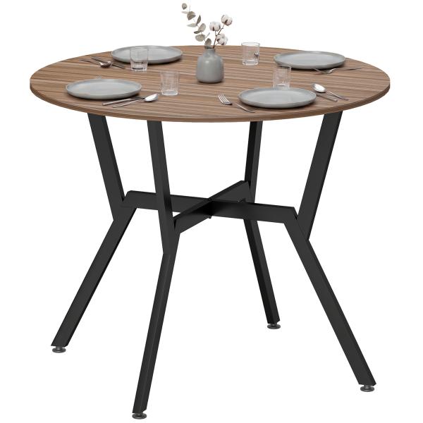 Mesa de Cozinha Redonda Mesa de Jantar Estilo Industrial com Bancada de Madeira e Estrutura de Aço Ø90x76 cm Marrom e Preto