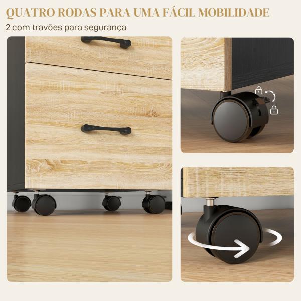 Arquivador de Escritório Móvel de Arquivos com 4 Rodas 3 Gavetas para Tamanho A4 Carta 40x42x65 cm Carvalho e Preto