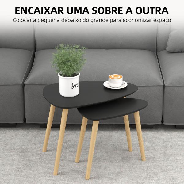 Conjunto de 2 Mesas Auxiliares com Pés de Madeira Mesas de Café 59,5x39,5x45 cm e 44,5x28,5x40 cm Preto