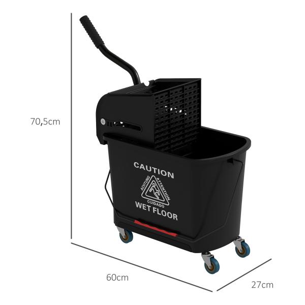 Balde de Limpeza 20L com Rodas e Espremedor Balde para Esfregona com Separador de Água 60x27x70,5 cm Preto
