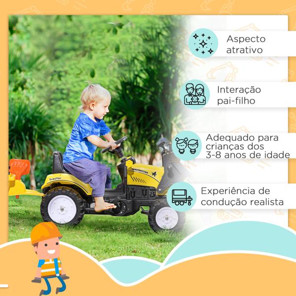 Trator a Pedais para Crianças acima de 3 Anos Trator Infantil com Reboque e Pá Escavadora 167x41x52 cm Amarelo e Preto