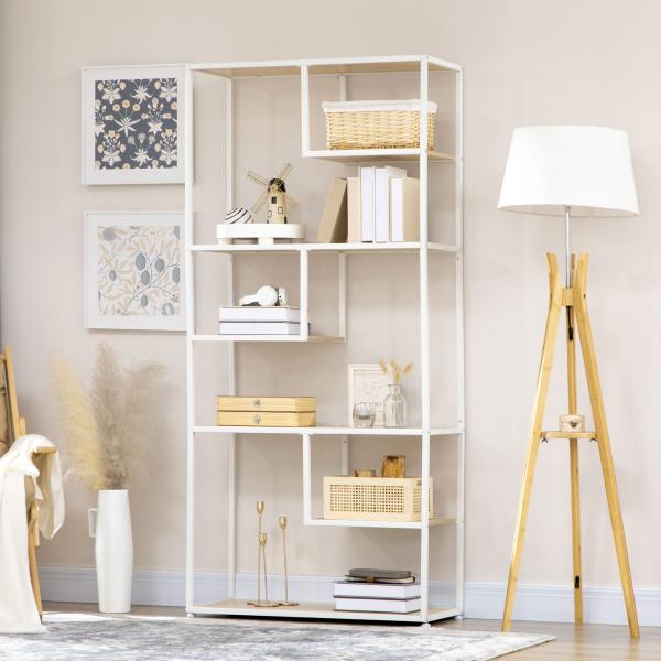 Estante de Armazenamento para Livros com Estrutura de Aço para Escritório Sala de Estar Estúdio 83x34x180cm Carvalho e Branco