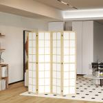 Biombo Dobrável de 4 Painéis Separador de Ambientes de Interior para Sala de Estar Dormitório e Escritório 160x170 cm Madeira e Branco