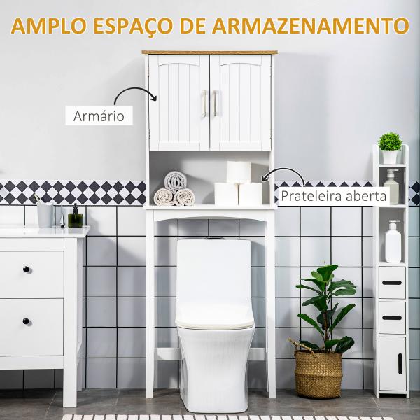 Armário sobre Sanita Armário Alto para Lavanderia com Armário e Prateleira de Armazenamento 64x22x165cm Branco