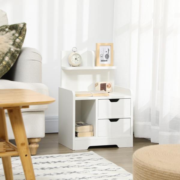 Mesa de Cabeceira Moderna com 2 Gavetas e 3 Compartimentos para Sala de Estar Quarto Carga 30 kg 40x30x60 cm Branco