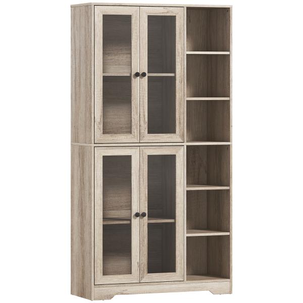 Armário de Cozinha Móvel Auxiliar de Cozinha com Prateleiras Abertas e 4 Portas de Vidro 90x35x172 cm Cinza Claro