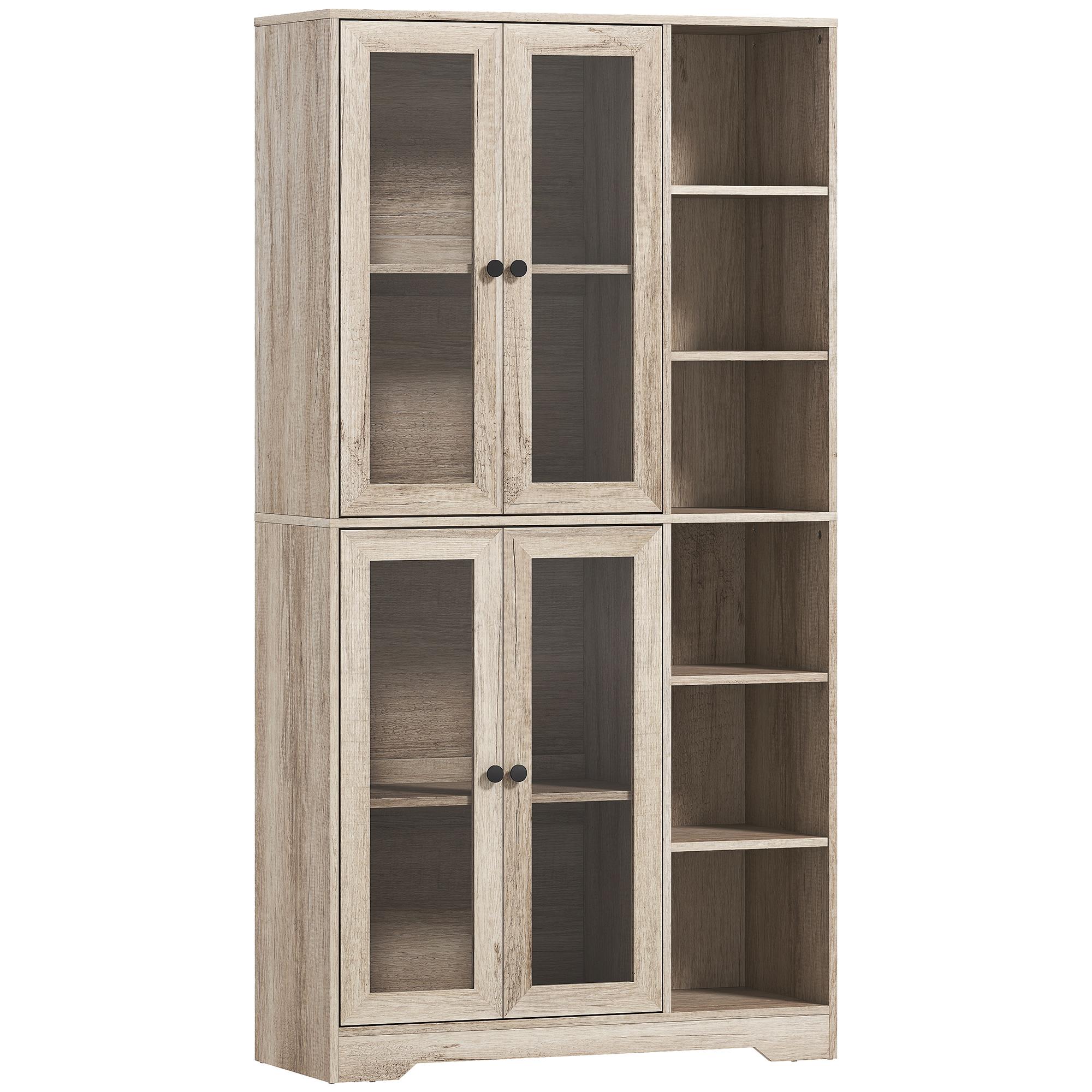 Armário de Cozinha Móvel Auxiliar de Cozinha com Prateleiras Abertas e 4 Portas de Vidro 90x35x172 cm Cinza Claro