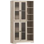 Armário de Cozinha Móvel Auxiliar de Cozinha com Prateleiras Abertas e 4 Portas de Vidro 90x35x172 cm Cinza Claro